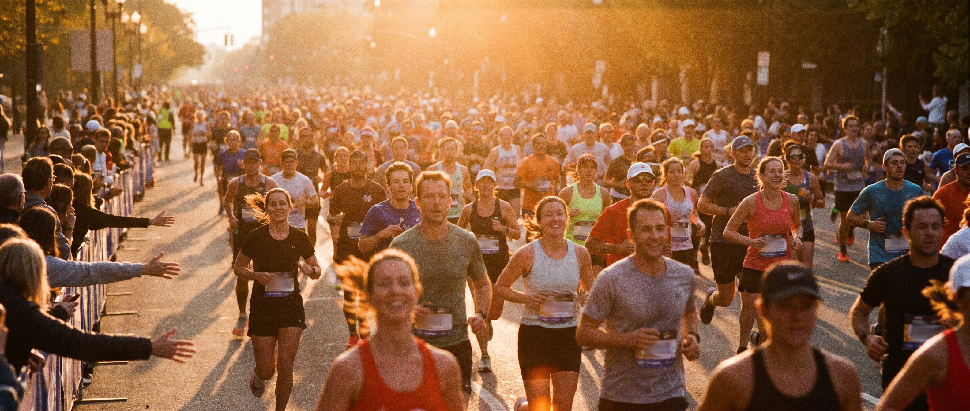 A dense crowd of marathon runners at golden hour