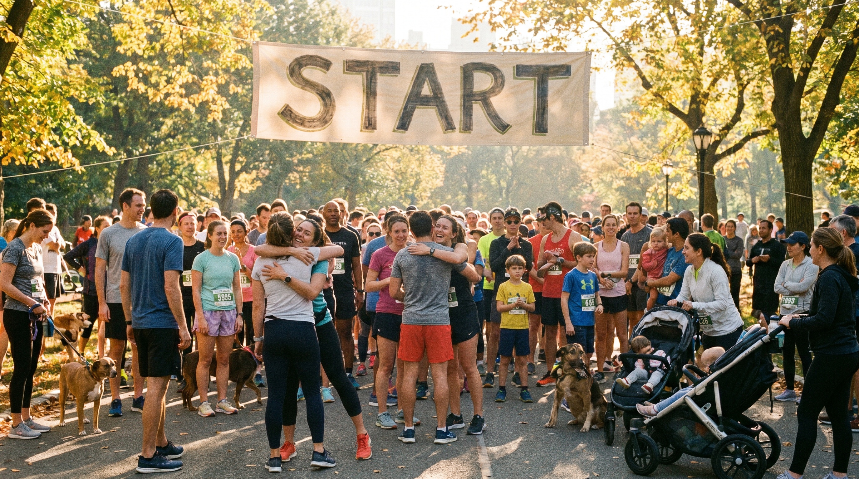 A joyful everyday crowd gathering for a free Saturday 5k in a park