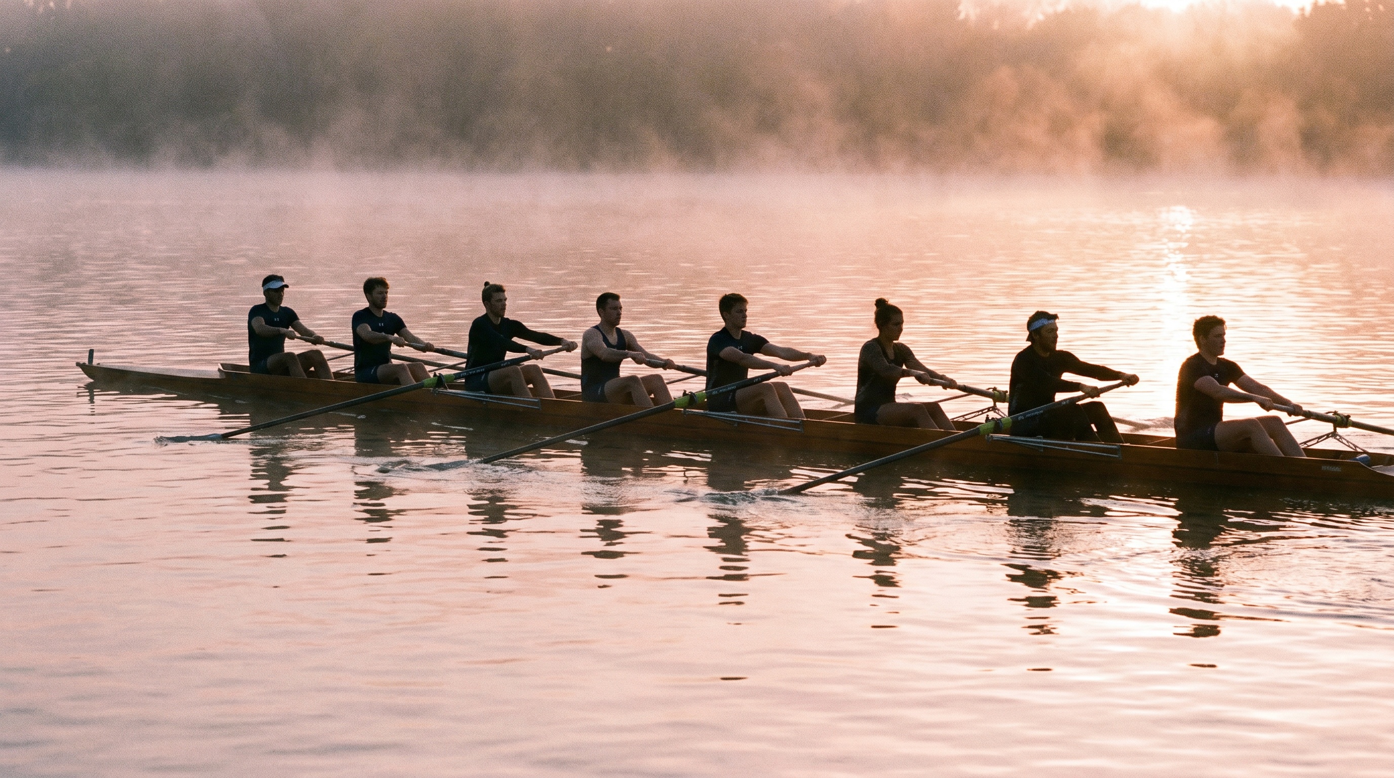 A rowing crew moving in perfect synchrony on still water at dawn