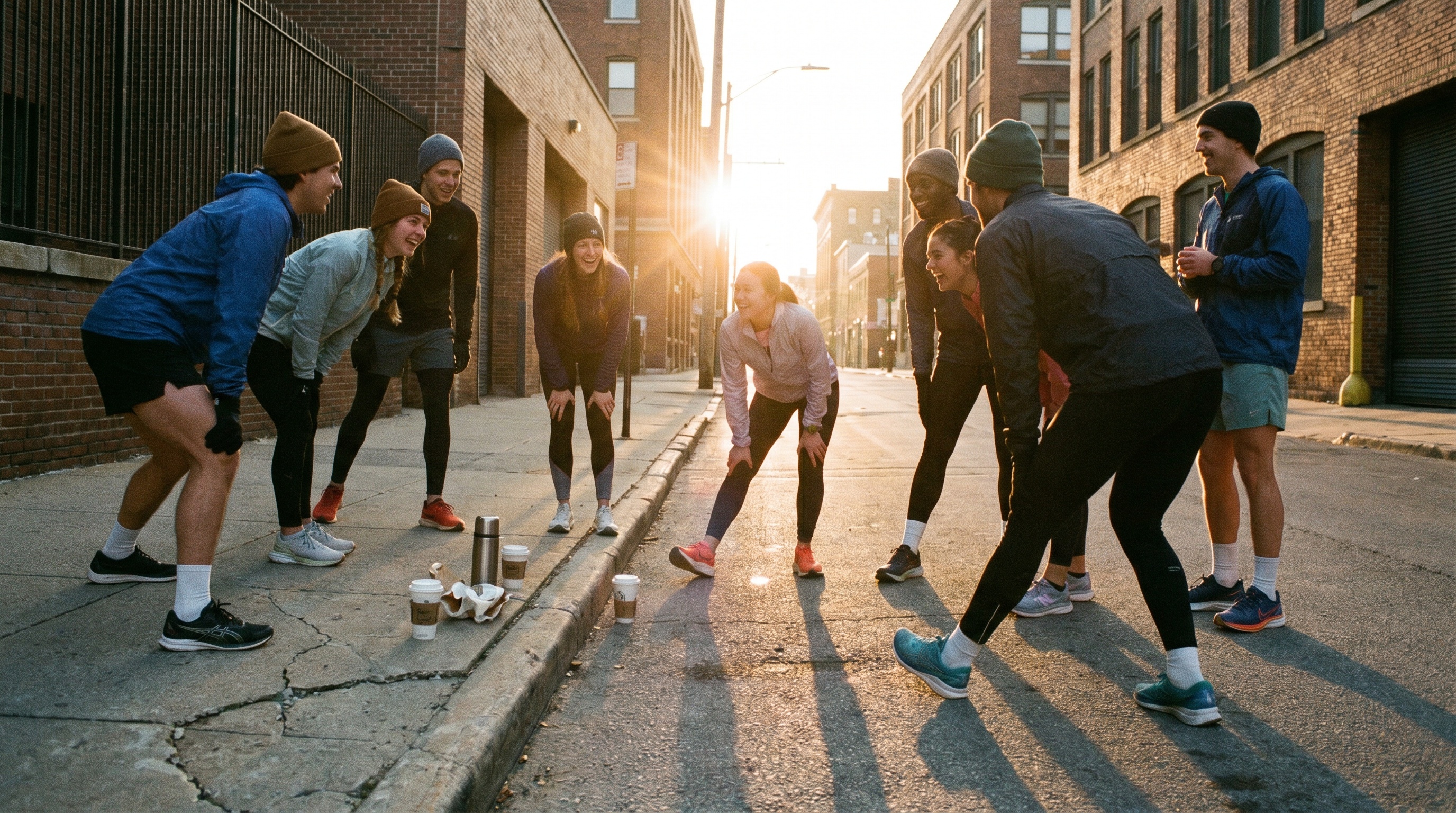 A young run club gathering at sunrise on a city street